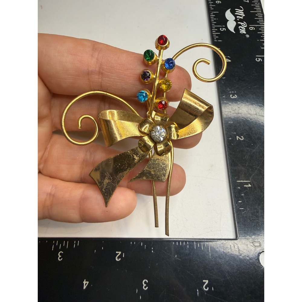 Vintage Gold Tone Multi Color Rhinestone Bow Floral Spray Brooch Pin 3.5 Inch